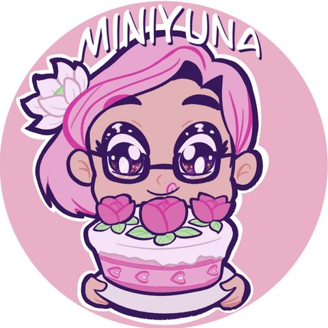 icon for Miniyuna. The icon shows a person with fair skin and pink hair wearing glasses. They are holding a pink and white cake decorated with roses & looking at it while licking their lips.
