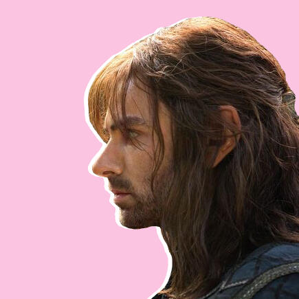 icon for Shrapnel. The icon shows Kili from The Hobbit in profile, facing left with a serious expression on his face over a pink background