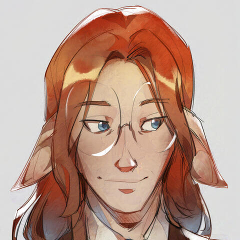 icon for Nisnow. The icon shows their original character Kala, a fair-skinned man with long red hair and blue eyes. His ears are long and elf-like, flopping downwards like a bunny's. He wears large round glasses with wire rims and smiles as he looks past t
