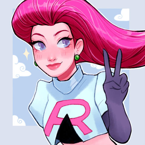 icon for Charley. The icon shows Jessie from Pokemon. Jessie has fair skin, bright red hair, and blue eyes, and wears a cropped white turtleneck with a large red R on it. She is holding up one gloved hand in a peace sign.