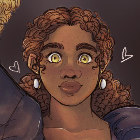 icon for Alba. The icon shows a person with their hair and skin as a solid, deep purple silhouette decorated with stars and constellations. They are wearing a fuzzy orange-and-yellow sweater and are holding one hand up to their face. They are looking down,