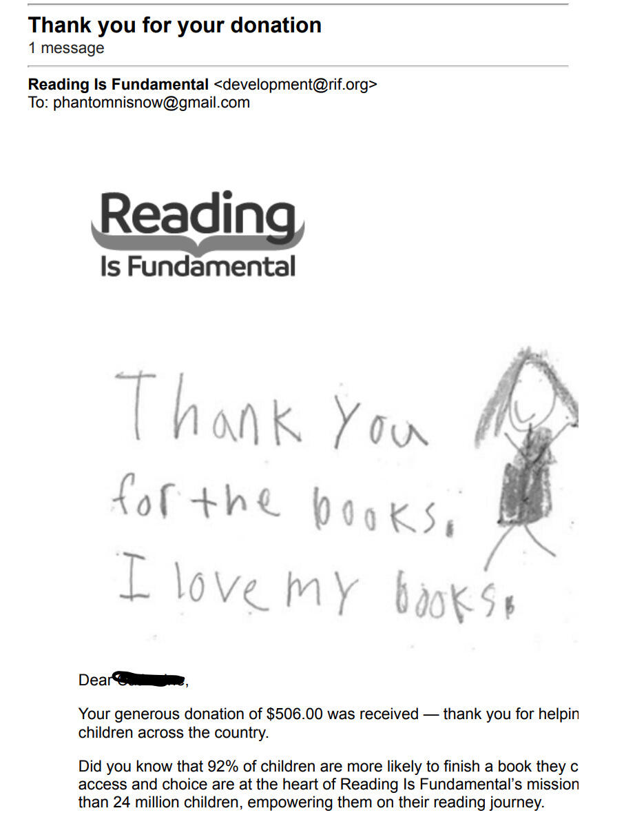 A screenshot of an email for a donation to the charity Reading is Fundamental. The subject of the email is "Thank you for your donation" and is from Reading is Fundamental. The email contains a child's drawing of a happy child and says in a child's handwri